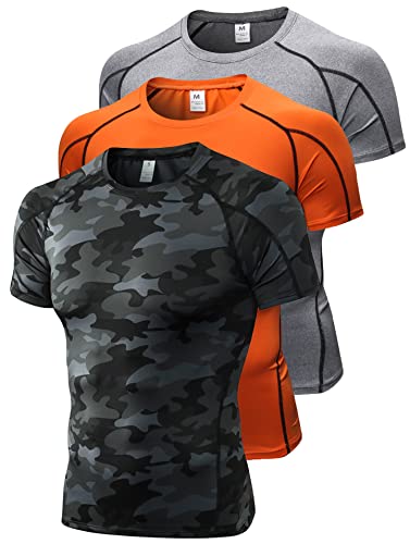 3er-Pack Herren Kompressionsshirts Kurzarm Workout T-Shirt Cool Dry Unterhemden Baselayer Sport Cool Shirt Laufoberteile, C Schwarz + Orange + Grau, Mittel von Queerier