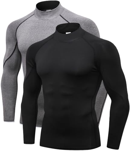 Herren Kompressionsshirts Langarm Athletic Workout Tops Gym Unterhemden Active Sports Baselayer, 2 Stück, Grau, Schwarz, Klein von Queerier