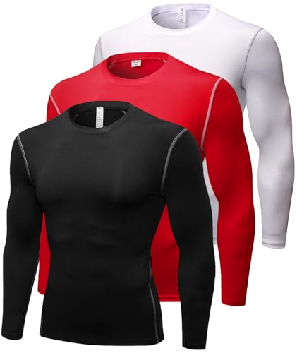 Queerier 3er-Pack Herren Kompressionsshirt Langarm Unterhemden für Herren Baselayer Sport Thermo Tops, Weiß + Schwarz + Rot, L von Queerier