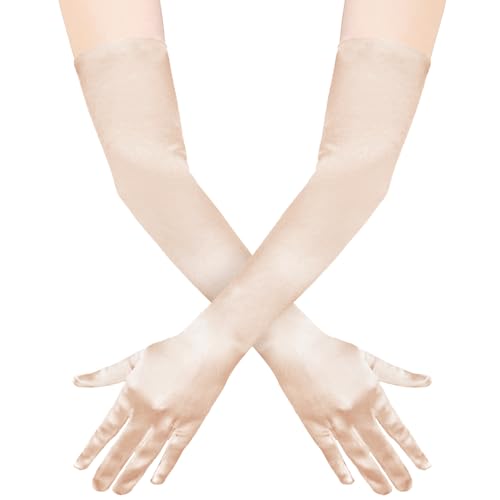 Quelcc Elegant Lang Handschuhe Damen Champagner,Classic Satin Abendhandschuhe für Opera Party HalloweenKarneval Kostüm von Quelcc