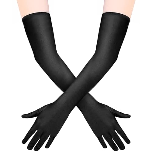 Quelcc Handschuhe Schwarz Lang, 1 Paar Handschuhe Schwarz Kostüm, Handschuhe Damen Elegant Satin Classic für Frauen Mädchen Halloween Karneval Fasching Fest Party Kostüm von Quelcc