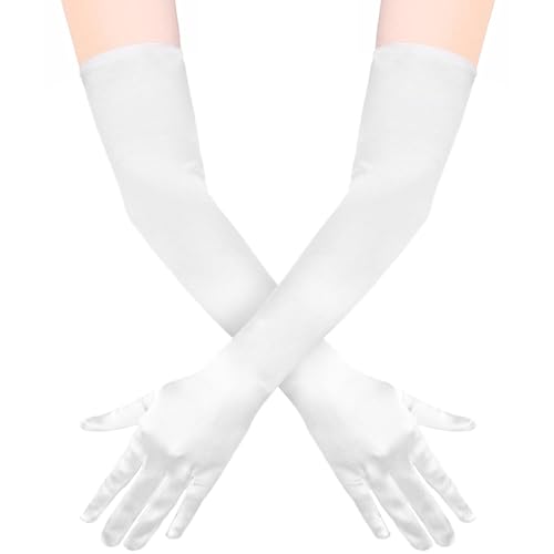 Quelcc Weiße Handschuhe Lang, 1 Paar Handschuhe Elegant Damen, Satin Classic Abendhandschuhe, 1920er Handschuhe für Classic Opera Party HalloweenKarneval Kostüm von Quelcc