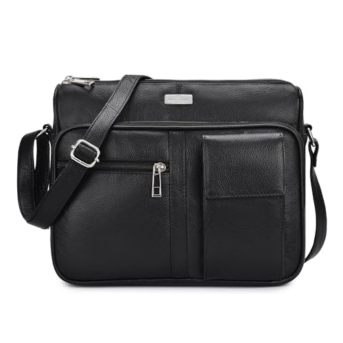 Quenchy London QL189M Damen-Handtasche aus echtem Leder – Umhängetasche mit 6 Taschen – großer Handyhalter – einzeln verstellbarer Brustgurt – Designer-Satchel Side Style, Genarbtes Rindsleder, Medium von Quenchy London