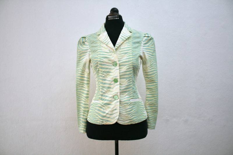 S/S 2000 Roberto Cavalli Aquamarin Und Moosgrün Blazer Mit Zebramuster - Small von QuerelleDesFemmes