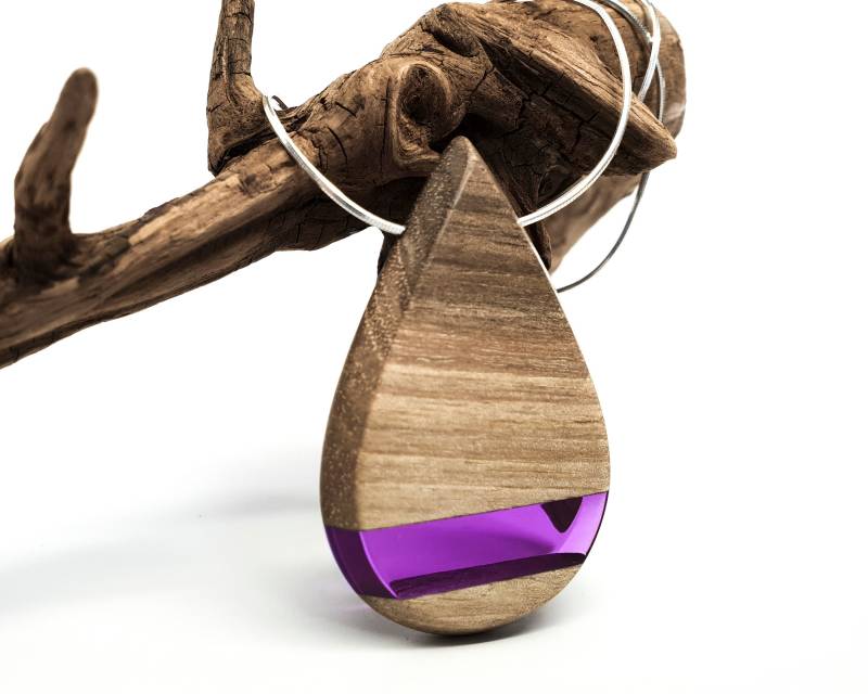 Teardrop Lila Harz Anhänger/Nussbaum Und Transparent Mit Verstellbaren Silber Schlange Kette Holz Teardrop Lila Harz Anhänger/Nussbaum Und Transparent Mit Verstellbaren Silber Schlange Kette Holz von QueseraPL