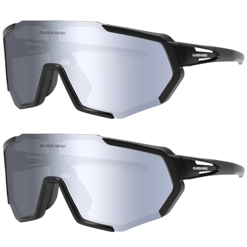 Queshark 2 Stück Fahrradbrille, Leicht & Rutschfest & TR90 Rahmen & UV400 Schutz, Schnelle Brille Herren Damen, Sonnenbrille Sport für Radfahren Laufen Golf Baseball Volleyball von Queshark