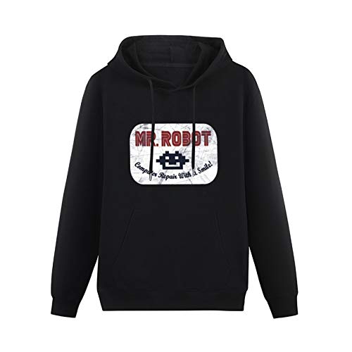 questo Men's Cotton Hoodies Pullover Long Sleeve Sweatshirts Mr Robot Computer Repairs with A Smile Badge Printing Long Sleeve Sweatshirts Black 3XL von questo