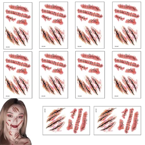 Quesuc Temporäre Tattoos (10 Blatt) - Halloween Zombie Scars Tattoos Aufkleber Mit Gefälschten Scab Blut Spezial Fx Kostüm Makeup Stützen von Quesuc