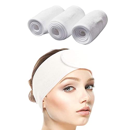 Queta Haarband für Make Up, Kosmetik Stirnband Frottee, verstellbare Haarschutzband mit Klettverschluss 3pcs (Weiß, Normal) von Queta