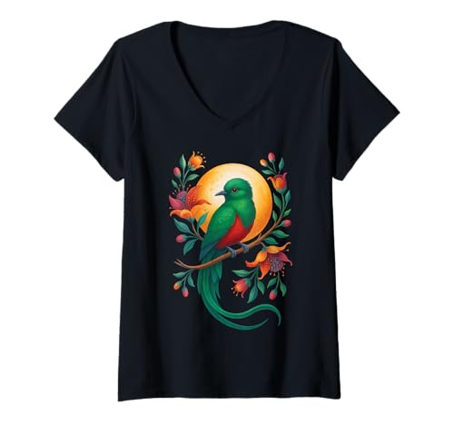 Damen Guatemaltekischer Quetzal T-Shirt mit V-Ausschnitt Damen Guatemaltekischer Quetzal T-Shirt mit V-Ausschnitt von Quetzal Flower