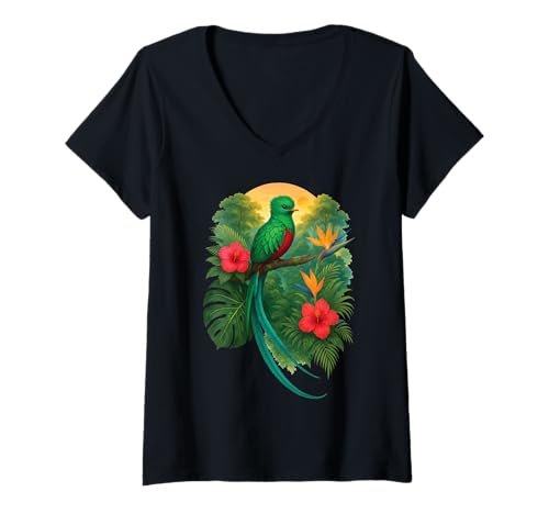 Damen Guatemaltekischer Quetzal T-Shirt mit V-Ausschnitt Damen Guatemaltekischer Quetzal T-Shirt mit V-Ausschnitt von Quetzal Flower