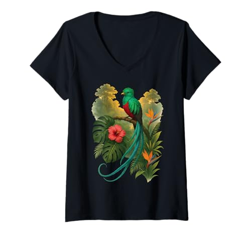 Damen Guatemaltekischer Quetzal T-Shirt mit V-Ausschnitt von Quetzal Flower