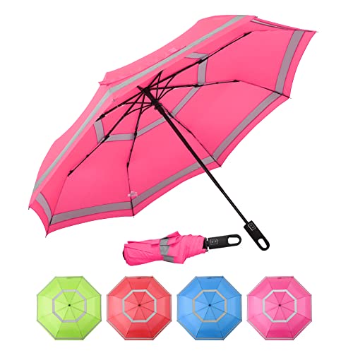 Quick Safety® wander- trekking-Regenschirm taschenschirm herren-damen-schirm jungen-regenschirm auf-zu-automatik sturmfest reflektierend Karabinerhacken-Griff-Design (fuchsia pink) von Quick Safety