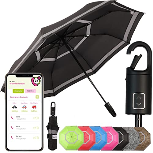 Quick Safety® wander- trekking-regenschirm taschen-regenschirm herren-damen regenschirm jungen-regenschirm auf-zu-automatik sturmfest reflektierend Karabinerhacken-Griff-Design (slate schwarz) von Quick Safety