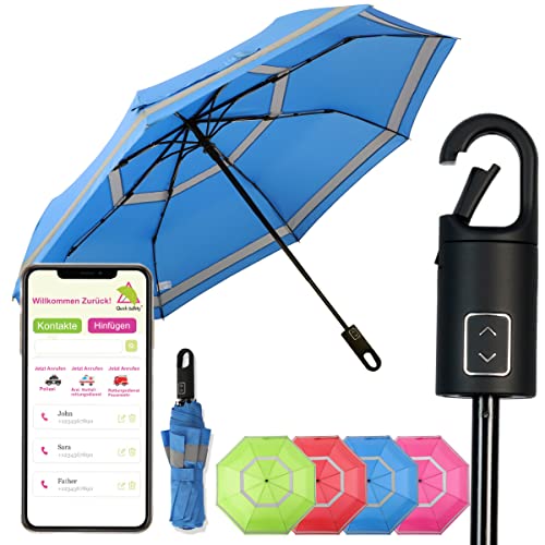 Quick Safety® wander- trekking-regenschirm taschen-regenschirm herren-damen regenschirm jungen-regenschirm auf-zu-automatik sturmfest reflektierend Karabinerhacken-Griff-Design (azur blue) von Quick Safety