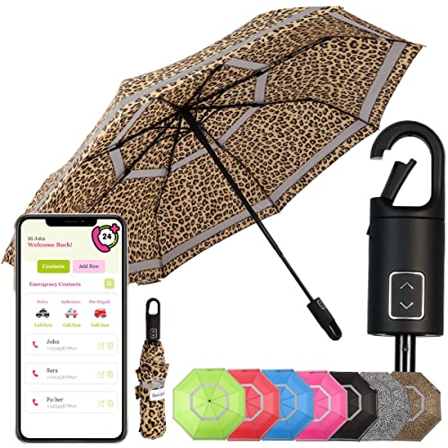 Quick Safety® wander- trekking-regenschirm taschen-regenschirm herren-damen regenschirm jungen-regenschirm auf-zu-automatik sturmfest reflektierend Karabinerhacken-Griff-Design (leopard gold) von Quick Safety