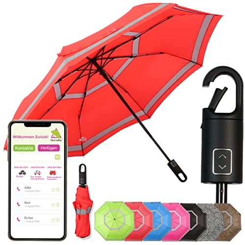 Quick Safety® wander-trekking-Regenschirm taschen-schirm herren-damenschirm jungen-regenschirm auf-zu-automatik sturmfest reflektierend Karabinerhacken-Griff-Design (signal rot) von Quick Safety