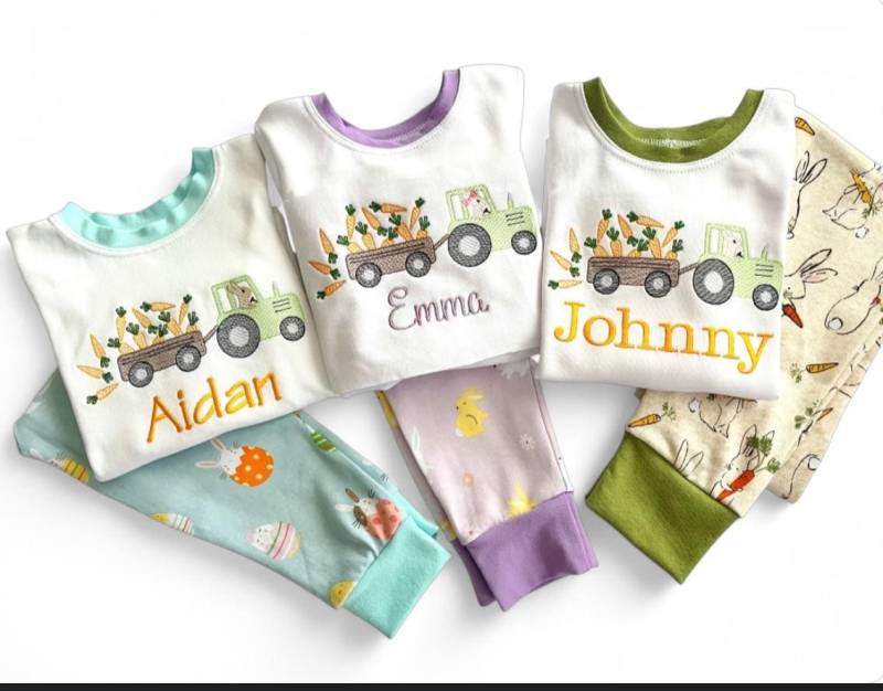 Ostern Pyjama Für Kinder Jungen Mädchen Kleinkind, Monogramm Osterpyjama, Hase Traktor Ei Pjs, Geschwister Ostergeschenk von QuickStitchNmore