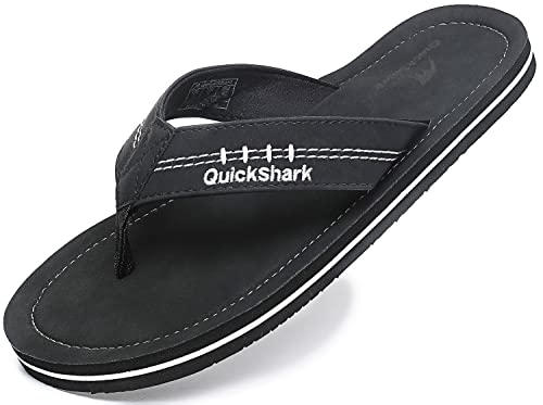 Quickshark Herren Flip Flops Leder Tanga Sandalen Fußgewölbeunterstützung Strandpantoffeln, 1-schwarz, 41 EU von Quickshark