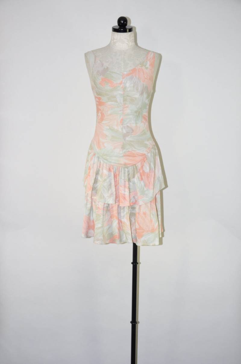 90S Pastell Baumwoll Tank Kleid/Abstraktes Florales Schichtkleid Ärmelloses Bodycon Rüschenkleid von QuietUnrest