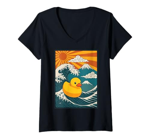 Damen Gummiente Surfen Japanische Welle T-Shirt mit V-Ausschnitt Damen Gummiente Surfen Japanische Welle T-Shirt mit V-Ausschnitt von Quietscheentchen Große Welle Surfer Anime Kawaii