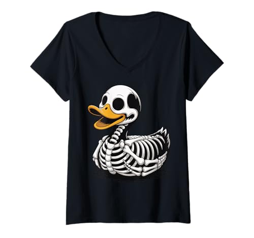 Damen Gummiente Skelett Halloween T-Shirt mit V-Ausschnitt von Quietscheentchen Skelett Gruselig Halloweenkostüm