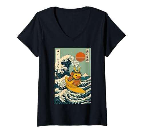 Damen Gummiente Samurai Surfen Japanische Welle Katana T-Shirt mit V-Ausschnitt von Quietscheentchen Surfer Große Welle Anime Kawaii