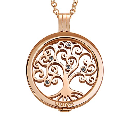 Quiges 90cm Halskette Set Rosegold Edelstahl mit Anhänger und 33mm Groß Familie Baum des Lebens Zirkonia Coin von Quiges