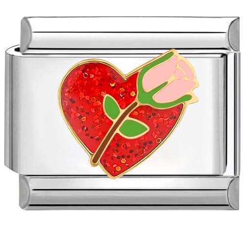 Quiges - 9mm Italian Style Charm Modul Edelstahl mit rot Herz und Rose für Italienische Armbänder von Quiges