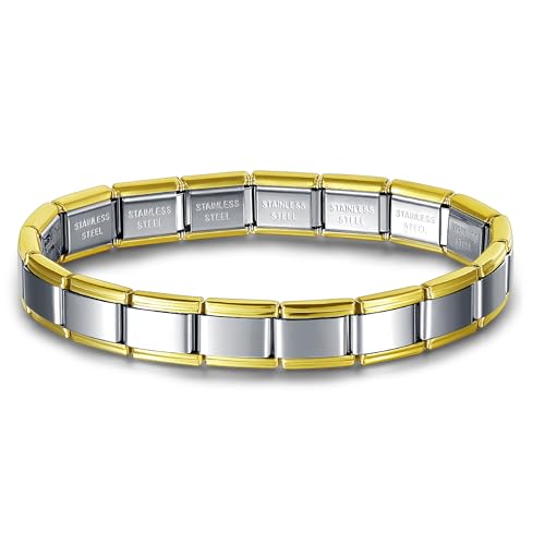 Quiges - 9mm Italian Style Modul Armband Edelstahl Gold Glimmend Komplett für Italienische Charm Module von Quiges