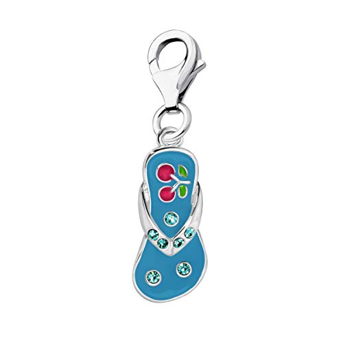 Quiges Charm Anhänger Blau Zirkonia und Blau Emaille Kirsch Flip Flop 925 Silber mit Karabinerverschluss für Bettelarmband von Quiges