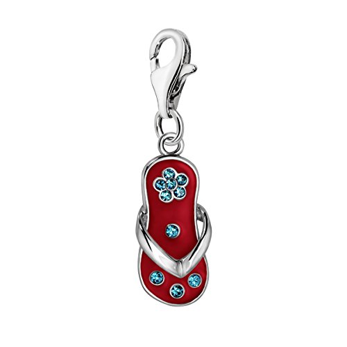 Quiges Charm Anhänger Blau Zirkonia und Rot Emaille Blume Flip Flop 925 Silber mit Karabinerverschluss für Bettelarmband von Quiges