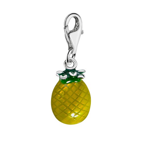 Quiges Charm Anhänger Gelb und Grün Emaille 3D Frucht Ananas 925 Silber mit Karabinerverschluss für Bettelarmband von Quiges