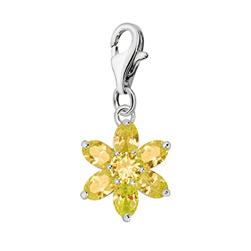 Quiges Charm Anhänger Kristall Gelb Zirkonia Blume November Geburtsstein 925 Silber mit Karabinerverschluss für Bettelarmband von Quiges