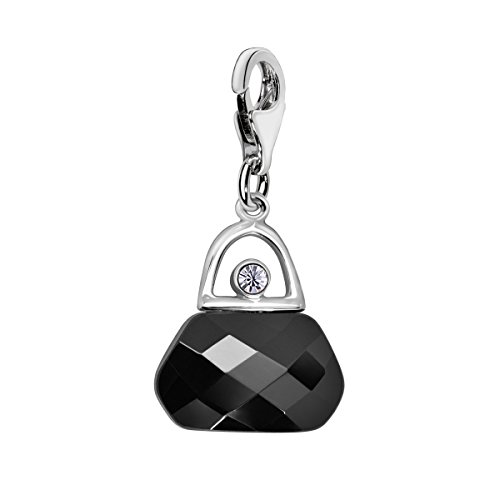 Quiges Charm Anhänger Kristall Jet Schwarz Zirkonia 3D Handtasche 925 Silber mit Karabinerverschluss für Bettelarmband von Quiges