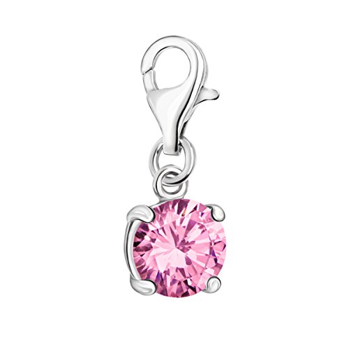 Quiges Charm Anhänger Kristall Rosa Rund Zirkonia 925 Silber mit Karabinerverschluss für Bettelarmband von Quiges