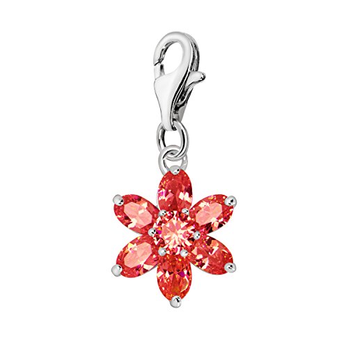 Quiges Charm Anhänger Kristall Rot Zirkonia Blume Juli Geburtsstein 925 Silber mit Karabinerverschluss für Bettelarmband von Quiges