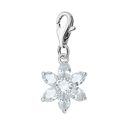 Quiges Charm Anhänger Kristall Weiß Zirkonia Blume April Geburtsstein 925 Silber mit Karabinerverschluss für Bettelarmband von Quiges