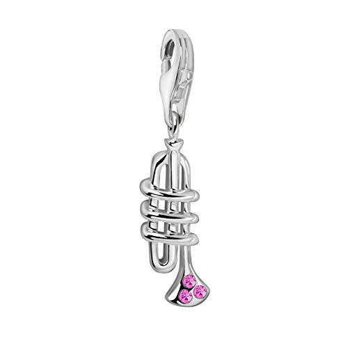 Quiges Charm Anhänger Rosa Zirkonia Musik Instrument Trompete 925 Silber mit Karabinerverschluss für Bettelarmband von Quiges