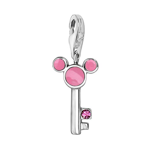 Quiges Charm Anhänger Rosa Zirkonia und Rosa Emaille Cartoon Mouse Maus Schlüssel 925 Silber mit Karabinerverschluss für Bettelarmband von Quiges