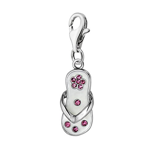 Quiges Charm Anhänger Rosa Zirkonia und Weiß Emaille Blume Flip Flop 925 Silber mit Karabinerverschluss für Bettelarmband von Quiges