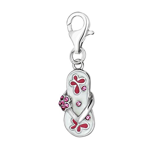 Quiges Charm Anhänger Rosa Zirkonia und Weiß Rosa Emaille Flip Flop 925 Silber mit Karabinerverschluss für Bettelarmband von Quiges