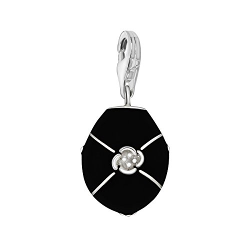 Quiges Charm Anhänger Schwarz Emaille Blume 925 Silber mit Karabinerverschluss für Bettelarmband von Quiges