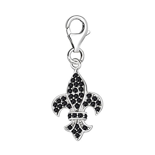 Quiges Charm Anhänger Schwarz Zirkonia 3D Französische Fleur-de-Lis 925 Silber mit Karabinerverschluss für Bettelarmband von Quiges