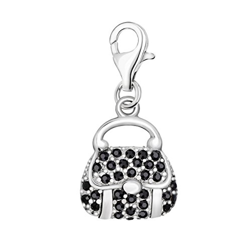 Quiges Charm Anhänger Schwarz Zirkonia 3D Handtasche 925 Silber mit Karabinerverschluss für Bettelarmband von Quiges