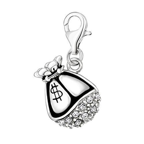 Quiges Charm Anhänger Weiß Zirkonia 3D Dollar Geld Tasche 925 Silber mit Karabinerverschluss für Bettelarmband von Quiges