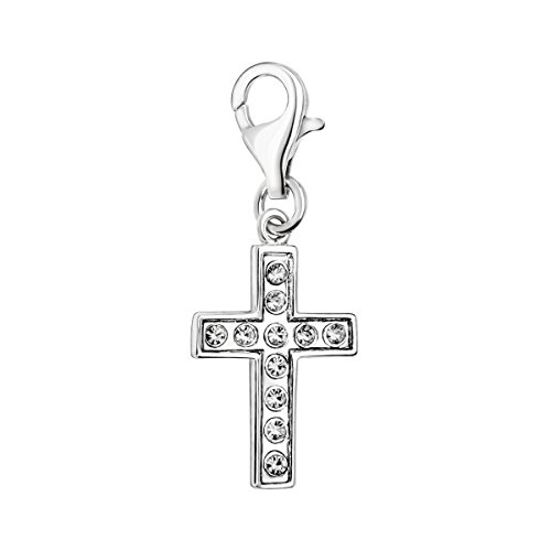 Quiges Charm Anhänger Weiß Zirkonia Kreuz 925 Silber mit Karabinerverschluss für Bettelarmband von Quiges