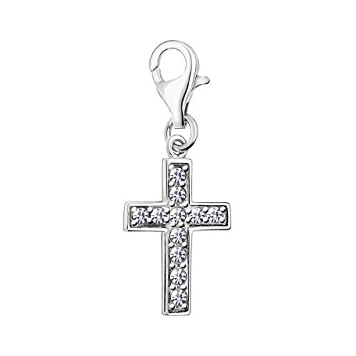 Quiges Charm Anhänger Weiß Zirkonia Kreuz 925 Silber mit Karabinerverschluss für Bettelarmband von Quiges