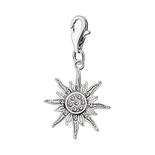 Quiges Charm Anhänger Weiß Zirkonia Sonne 925 Silber mit Karabinerverschluss für Bettelarmband von Quiges