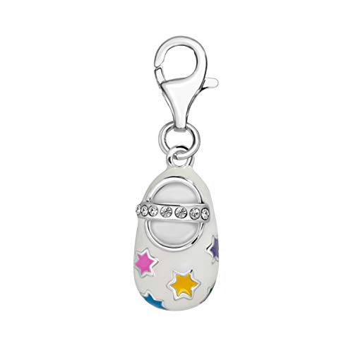 Quiges Charm Anhänger Weiß Zirkonia und Emaille Stern 3D Baby Schuh 925 Silber mit Karabinerverschluss für Bettelarmband von Quiges